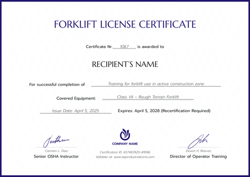 Forklift License Certificate Template - Landscape Forklift License Certificate Template - Landscape