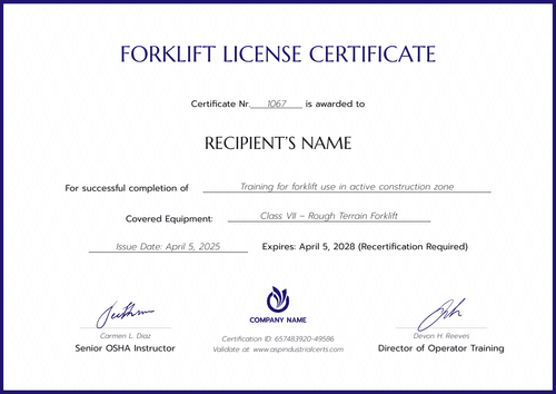 Forklift License Certificate Template - Landscape Forklift License Certificate Template - Landscape