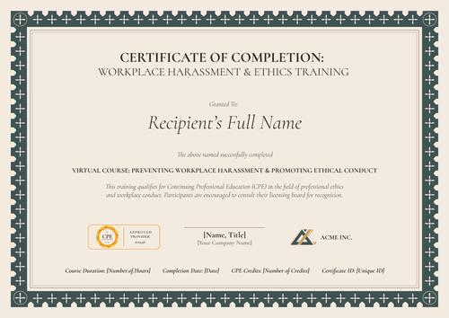 Sexual Harassment Training Certificate Template – Landscape Sexual Harassment Training Certificate Template – Landscape