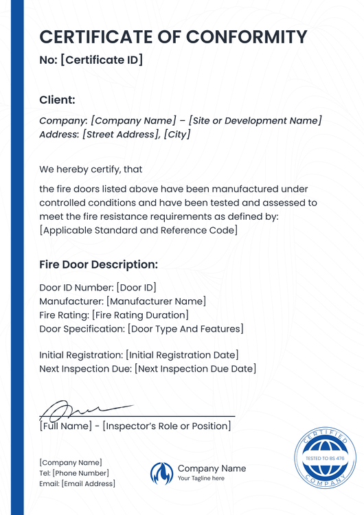 Refined Fire Door Certificate Template – Portrait Refined Fire Door Certificate Template – Portrait