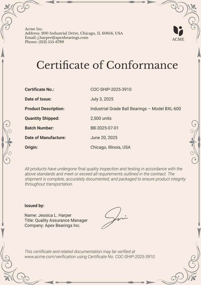 Decorative Certificate of Conformance Template – Portrait Decorative Certificate of Conformance Template – Portrait
