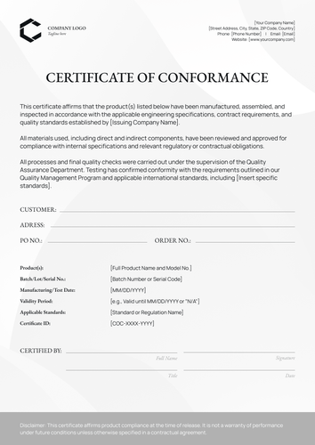 Free Neutral Certificate of Conformance Template - Portrait Free Neutral Certificate of Conformance Template - Portrait