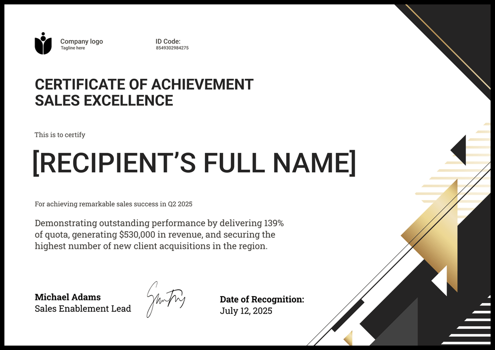 Free Sales Award Certificate Template – Landscape Free Sales Award Certificate Template – Landscape