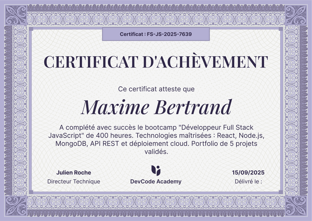 Certificat achèvement modèle – Paysage Certificat achèvement modèle – Paysage