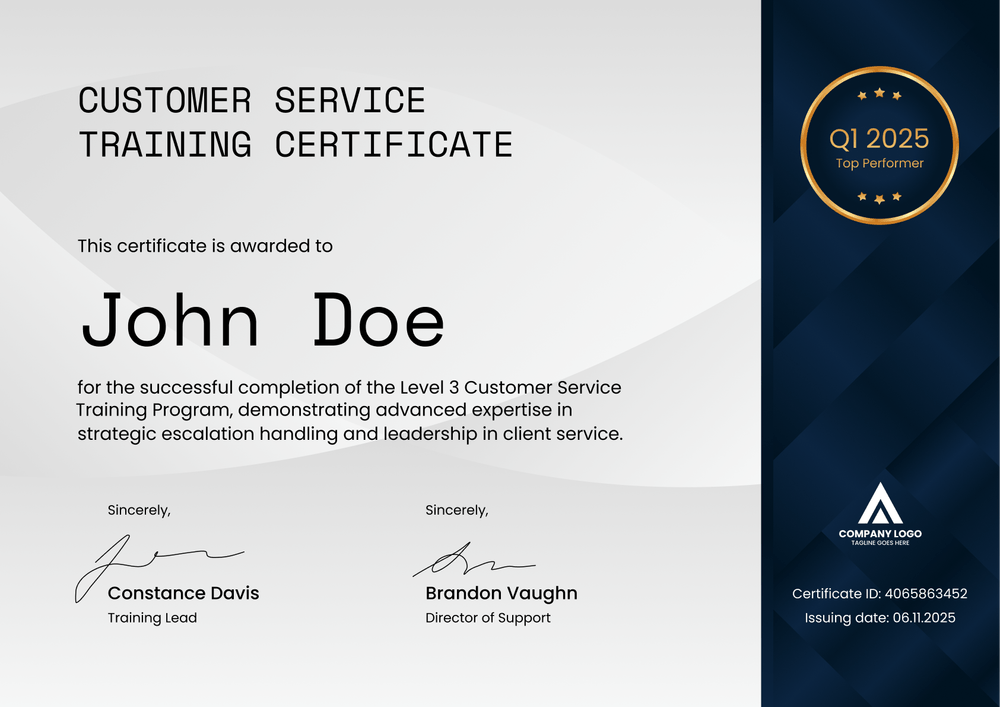 Clean Customer Service Certificate Template - Landscape Clean Customer Service Certificate Template - Landscape