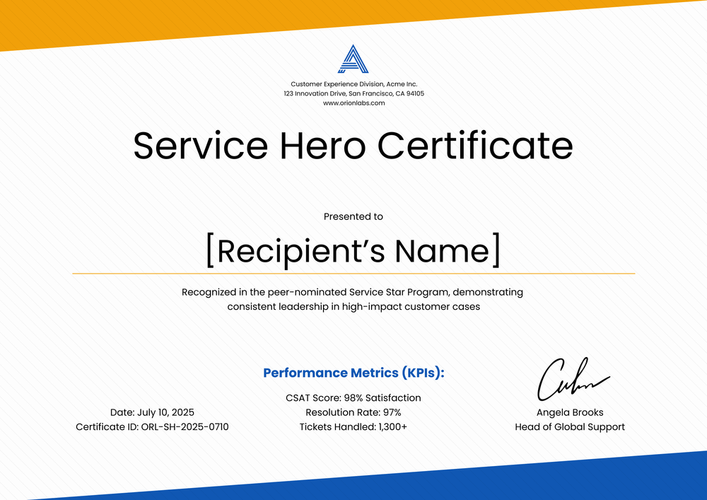 Customer Service Certificate Template — Landscape Customer Service Certificate Template — Landscape