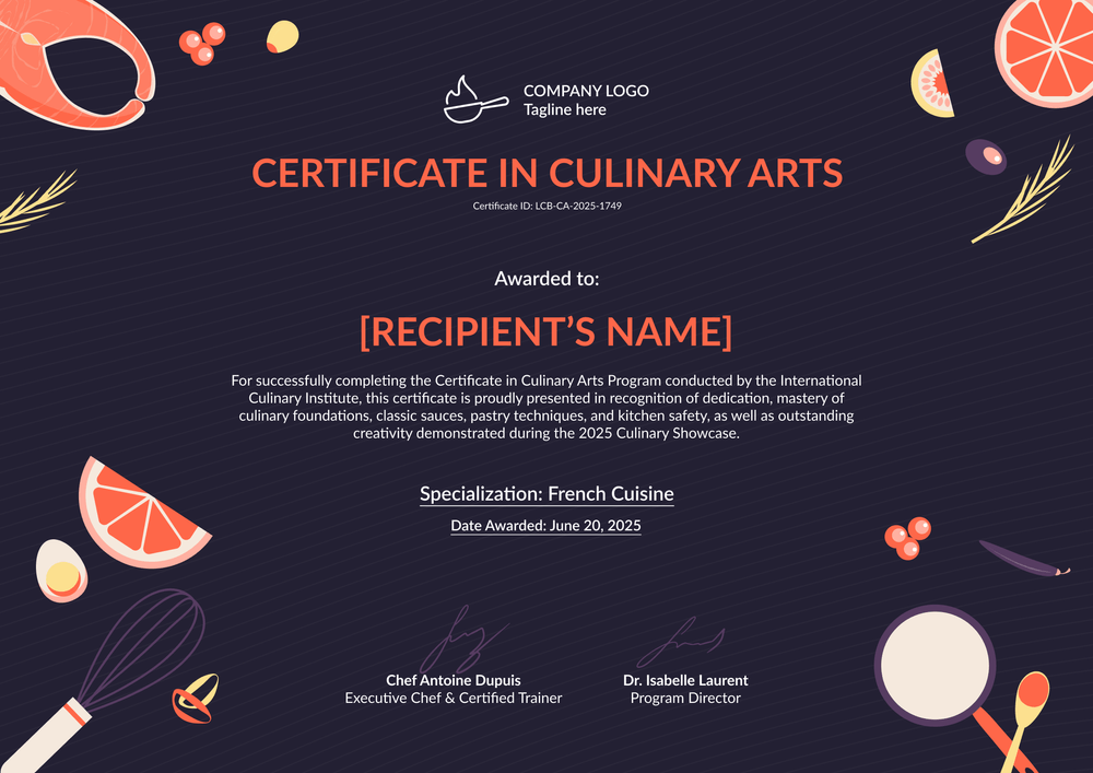 Culinary Arts Certificate Template - Landscape Culinary Arts Certificate Template - Landscape