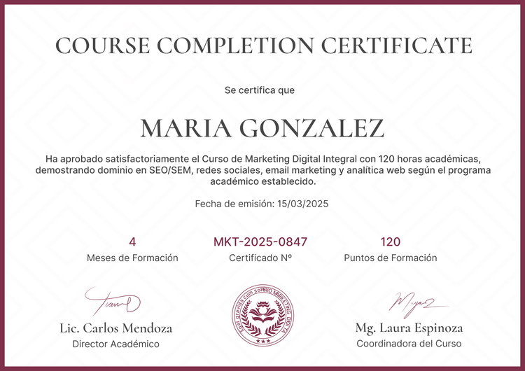 Modelo de certificado de curso clásico y profesional Modelo de certificado de curso clásico y profesional