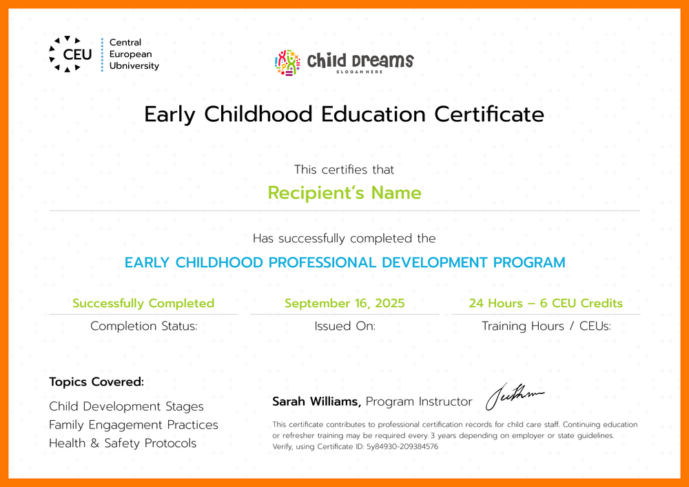 Child Care Assistant Certificate Template – Landscape Child Care Assistant Certificate Template – Landscape