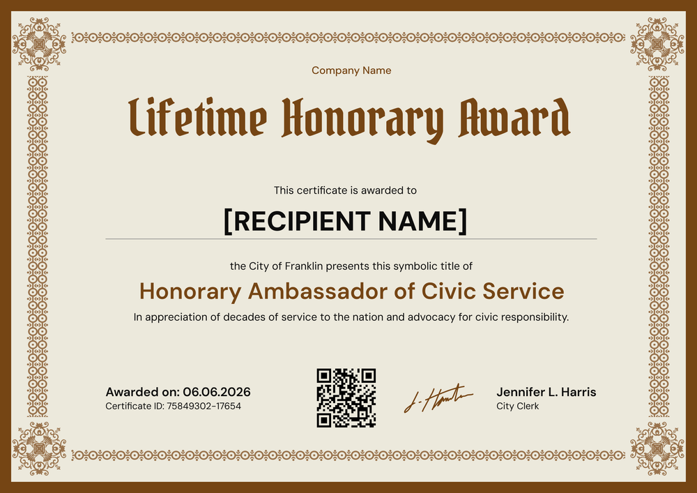 Decorative Honorary Certificate Template - Landscape Decorative Honorary Certificate Template - Landscape