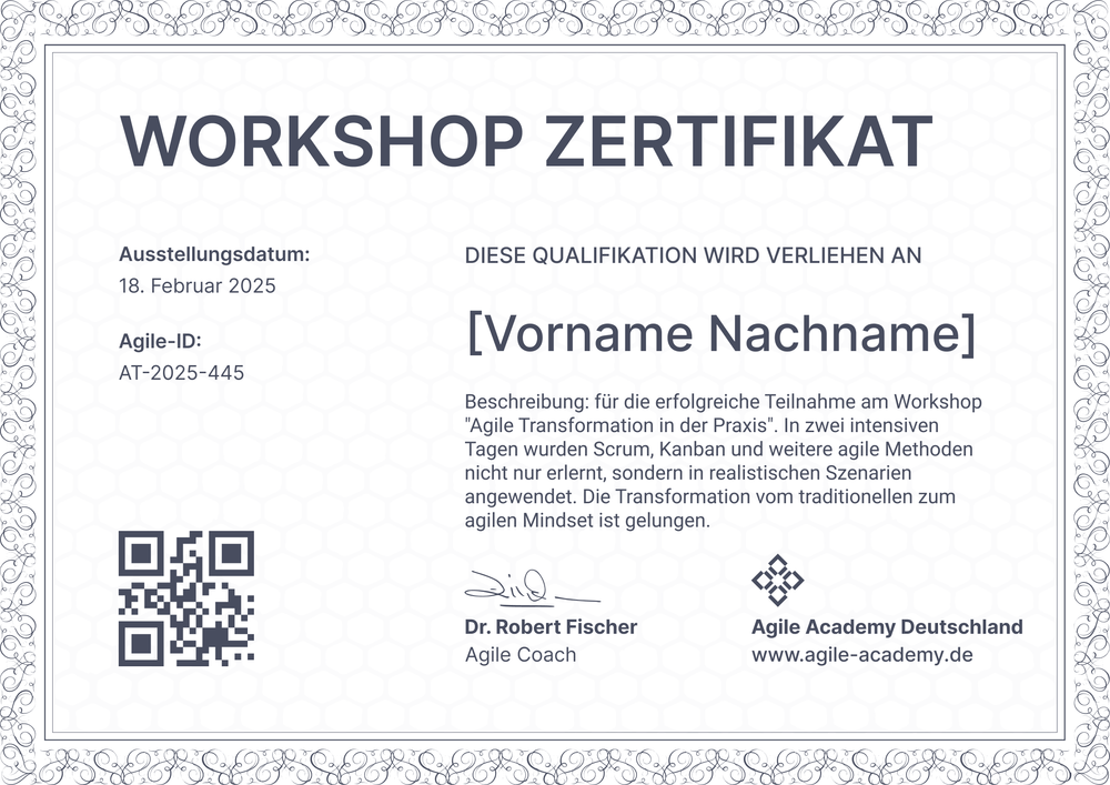 Kostenlose Zertifikat Workshop Vorlage für Agile Training - Querformat Kostenlose Zertifikat Workshop Vorlage für Agile Training - Querformat