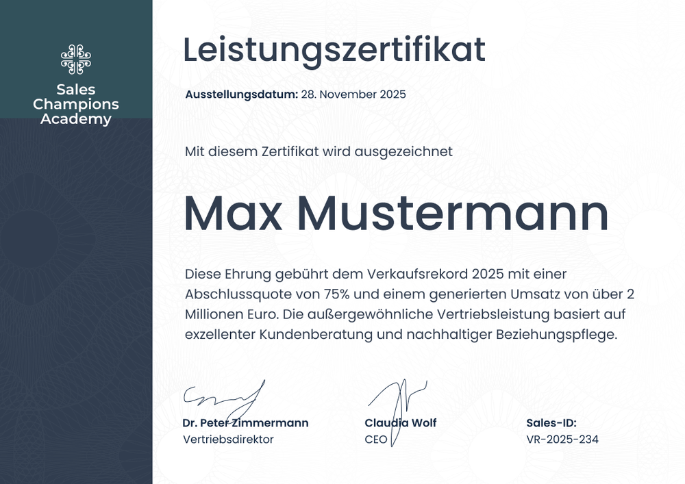 Modernes Leistungszertifikat für Verkaufserfolge – Querformat Modernes Leistungszertifikat für Verkaufserfolge – Querformat