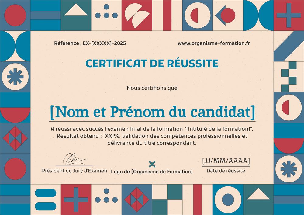 Certificat de réussite modèle examen – Paysage Certificat de réussite modèle examen – Paysage