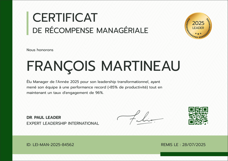 Modèle de certificat de récompense structuré et professionnel Modèle de certificat de récompense structuré et professionnel