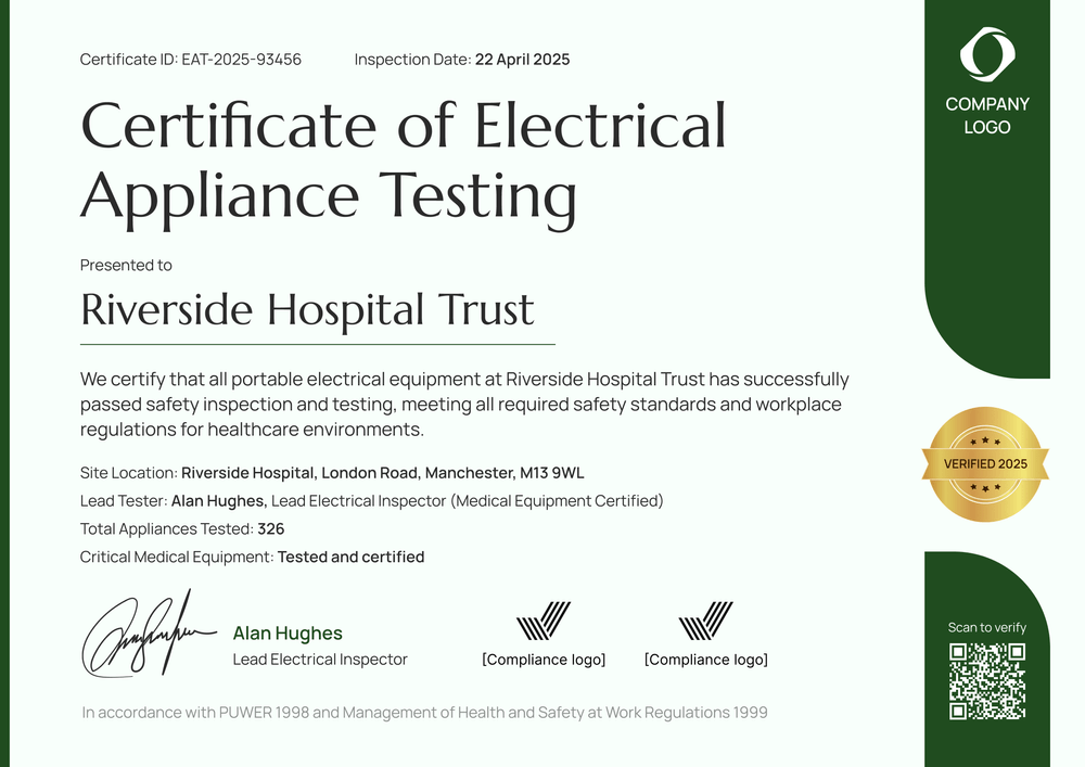 PAT Testing Certificate Template – Landscape PAT Testing Certificate Template – Landscape