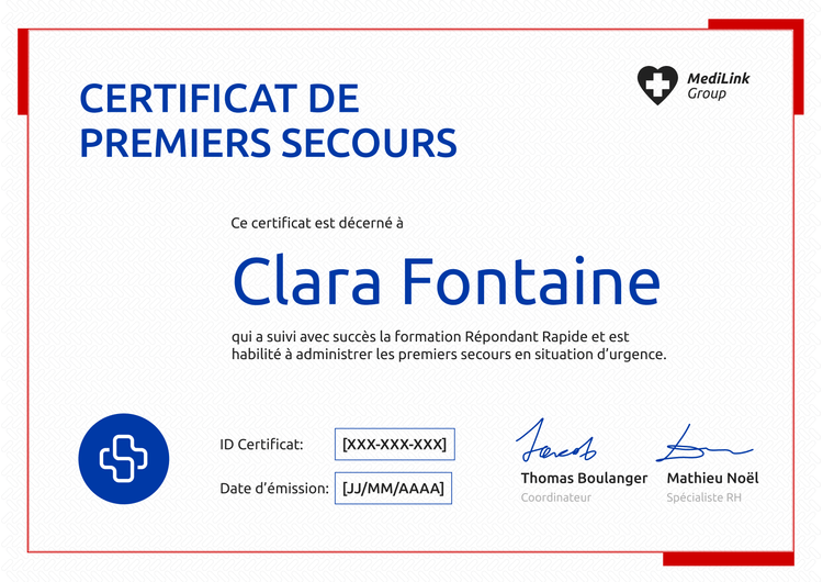 Modèle de certificat de premiers secours professionnel et imprimable Modèle de certificat de premiers secours professionnel et imprimable