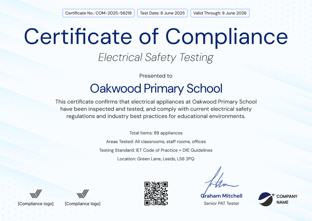 PAT Testing Certificate Template - Landscape PAT Testing Certificate Template - Landscape