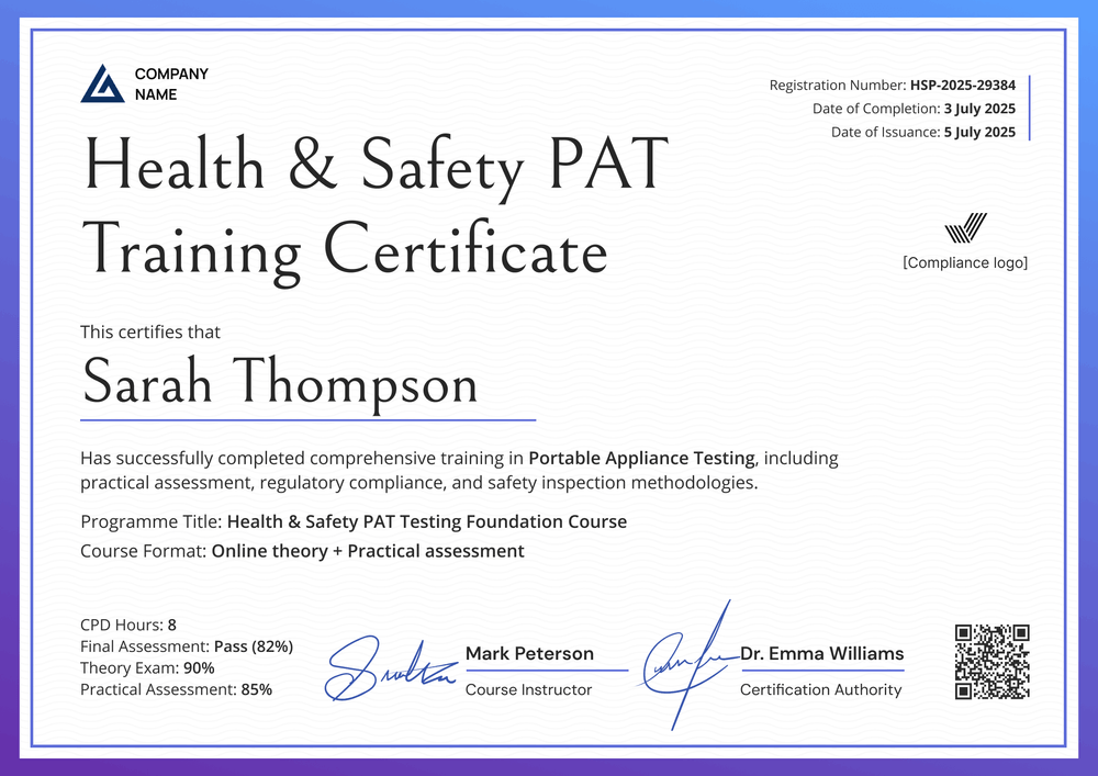 Blue PAT Testing Certificate Template Free to Customize - Landscape Blue PAT Testing Certificate Template Free to Customize - Landscape