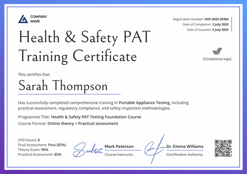 Blue PAT Testing Certificate Template Free to Customize - Landscape Blue PAT Testing Certificate Template Free to Customize - Landscape