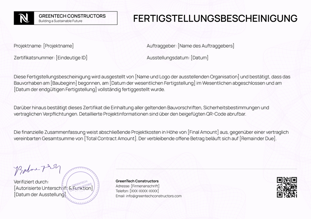 Fertigstellungsbescheinigung Vorlage kostenlos nutzen - Querformat Fertigstellungsbescheinigung Vorlage kostenlos nutzen - Querformat