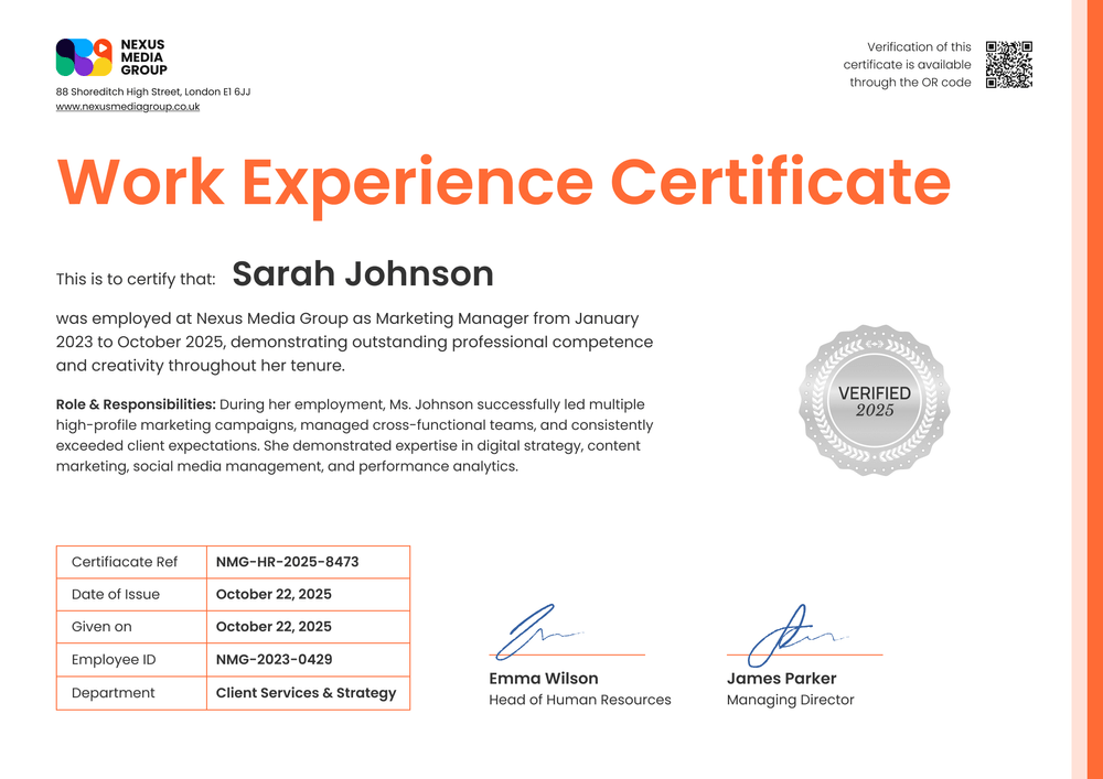Work Experience Certificate Template - Landscape Work Experience Certificate Template - Landscape