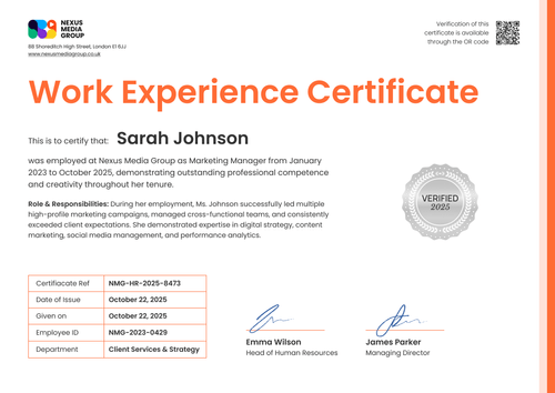Work Experience Certificate Template - Landscape Work Experience Certificate Template - Landscape