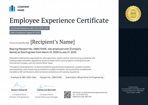 Professional Work Experience Certificate Template - Landscape Professional Work Experience Certificate Template - Landscape
