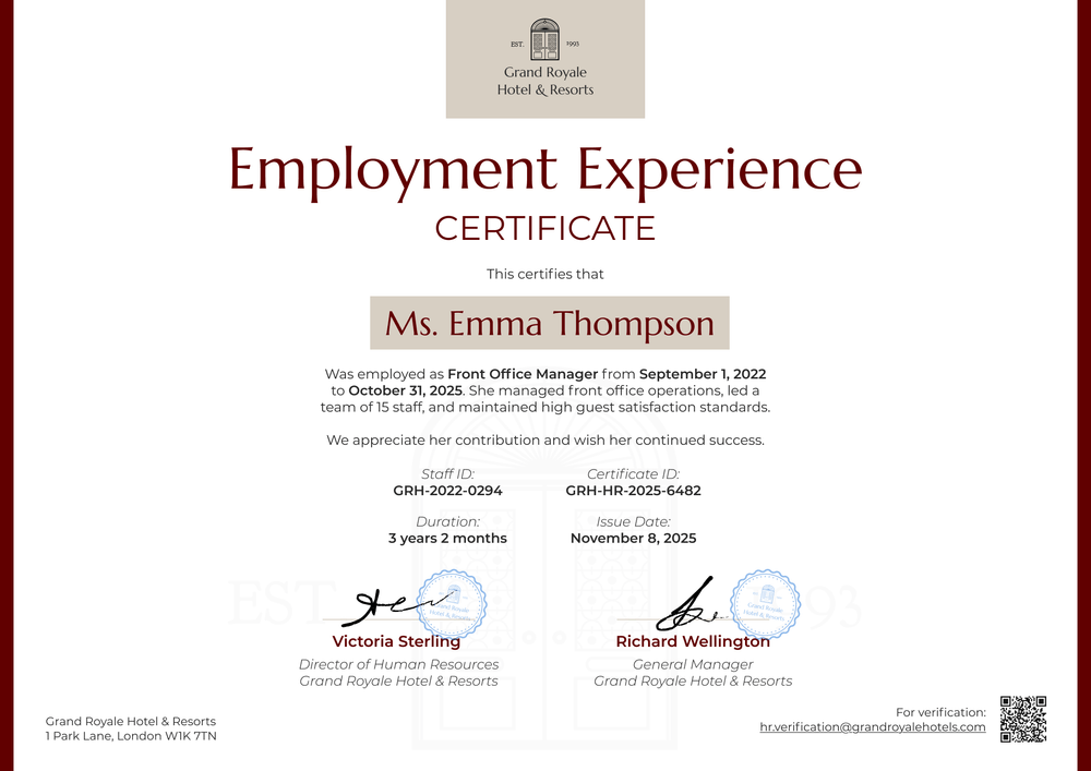 Simple Work Experience Certificate Template - Landscape Simple Work Experience Certificate Template - Landscape