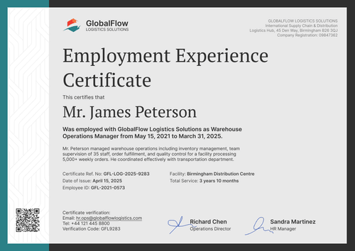Work Experience Certificate Template - Landscape Work Experience Certificate Template - Landscape