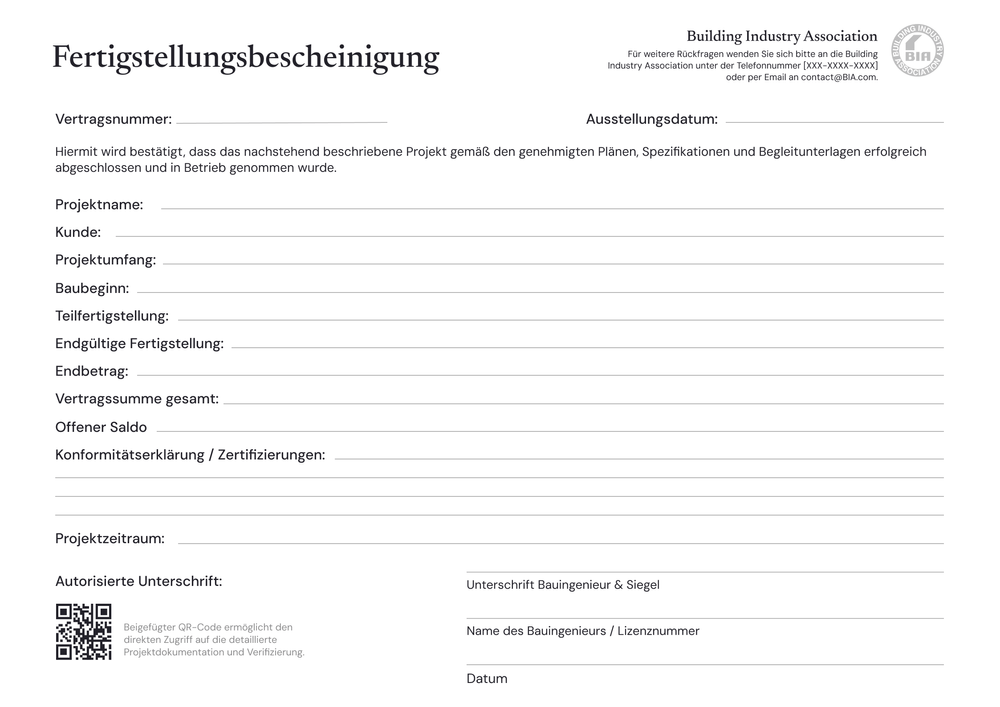 Fertigstellungsbescheinigung Vorlage - Querformat Fertigstellungsbescheinigung Vorlage - Querformat