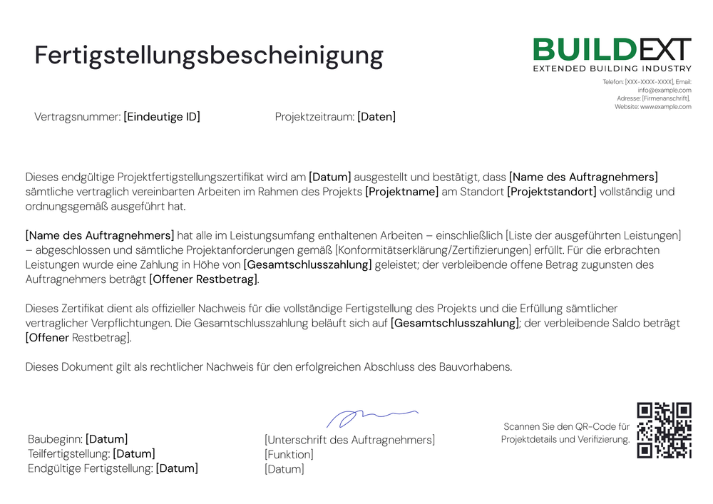 Fertigstellungsbescheinigung Vorlage – Querformat Fertigstellungsbescheinigung Vorlage – Querformat