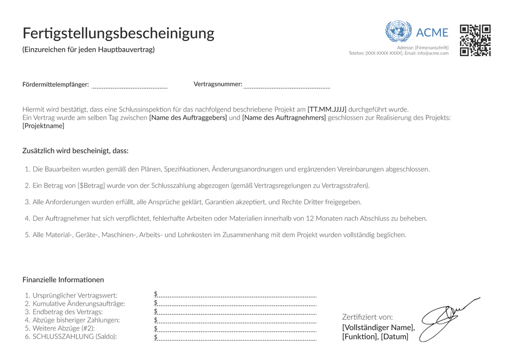 Fertigstellungsbescheinigung Vorlage – Querformat Fertigstellungsbescheinigung Vorlage – Querformat