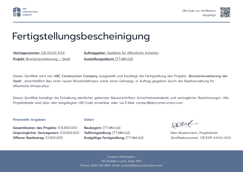 Fertigstellungsbescheinigung Vorlage – Querformat Fertigstellungsbescheinigung Vorlage – Querformat