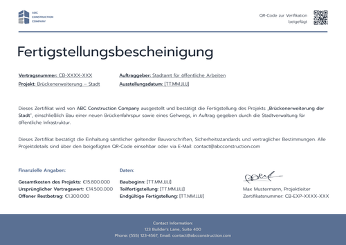 Fertigstellungsbescheinigung Vorlage – Querformat Fertigstellungsbescheinigung Vorlage – Querformat