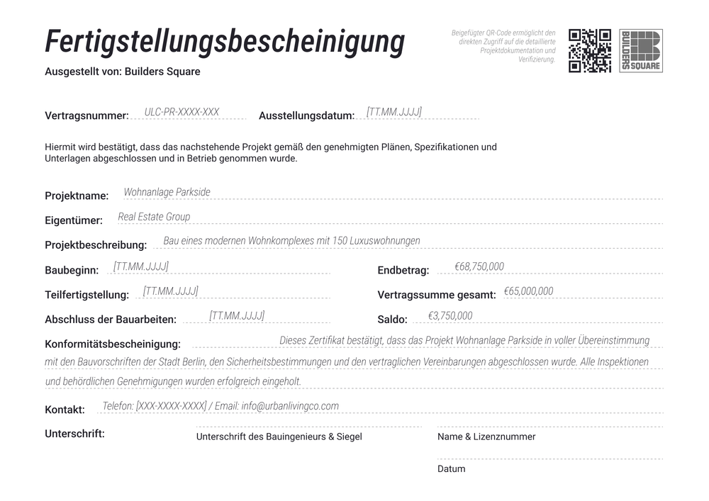 Vertrauenswürdige Fertigstellungsbescheinigung Vorlage bearbeiten - Querformat Vertrauenswürdige Fertigstellungsbescheinigung Vorlage bearbeiten - Querformat