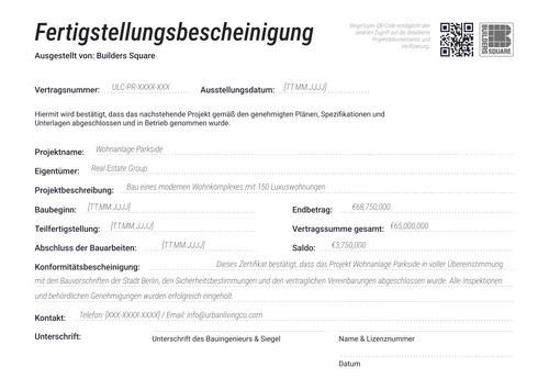 Vertrauenswürdige Fertigstellungsbescheinigung Vorlage bearbeiten - Querformat Vertrauenswürdige Fertigstellungsbescheinigung Vorlage bearbeiten - Querformat