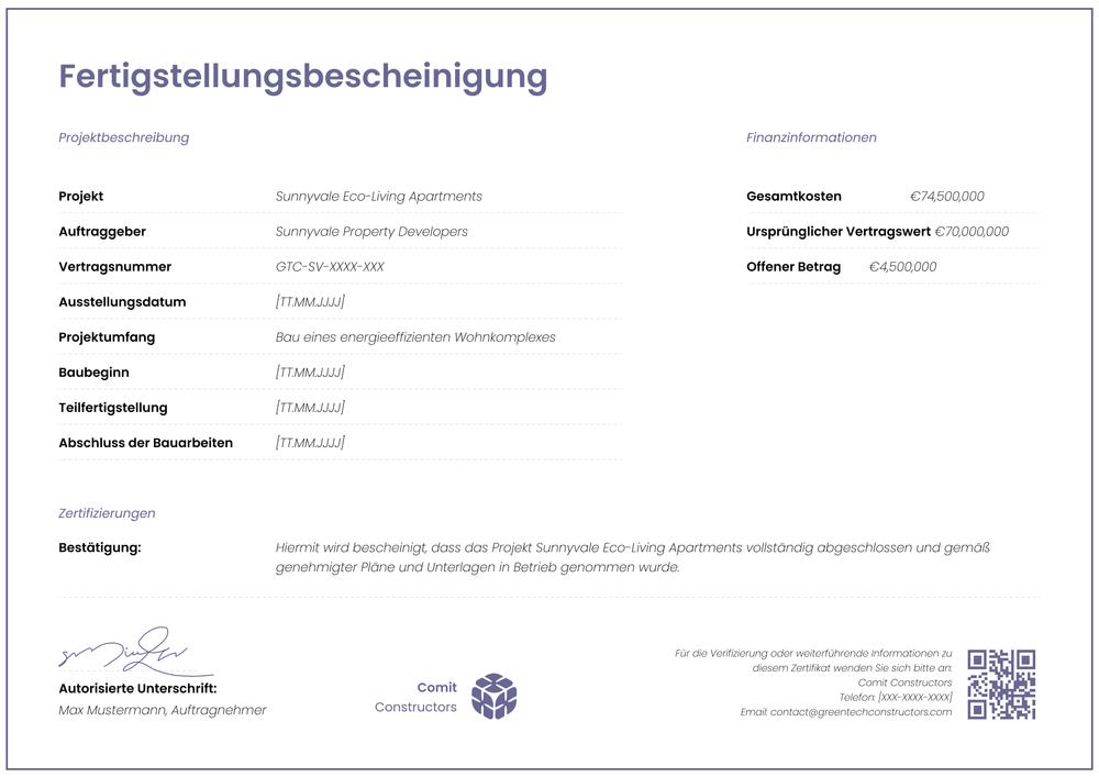 Fertigstellungsbescheinigung Vorlage modern anpassen - Querformat Fertigstellungsbescheinigung Vorlage modern anpassen - Querformat