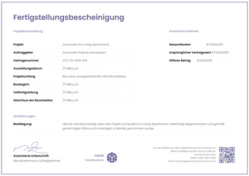 Fertigstellungsbescheinigung Vorlage modern anpassen - Querformat Fertigstellungsbescheinigung Vorlage modern anpassen - Querformat