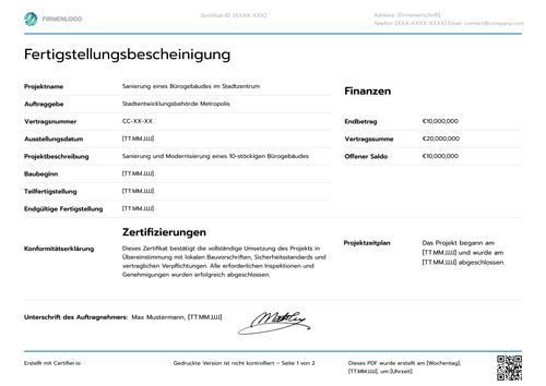 Fertigstellungsbescheinigung Vorlage für komplexe Projekte - Querformat Fertigstellungsbescheinigung Vorlage für komplexe Projekte - Querformat