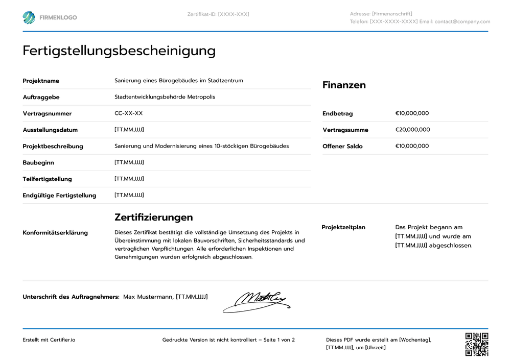 Fertigstellungsbescheinigung Vorlage für komplexe Projekte - Querformat Fertigstellungsbescheinigung Vorlage für komplexe Projekte - Querformat