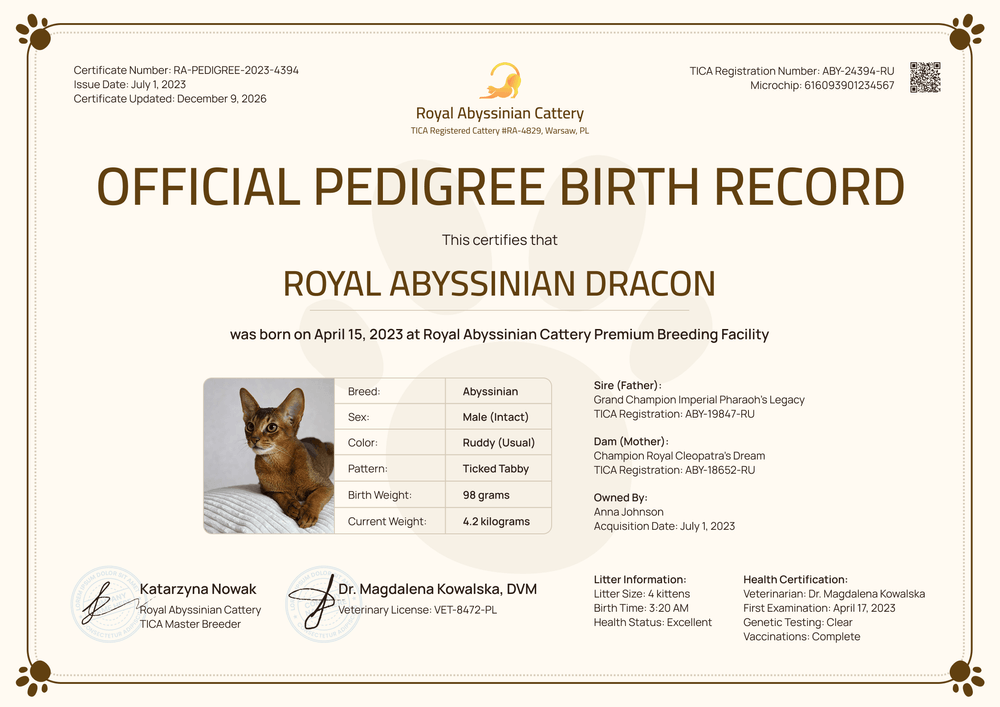 Professional Cat Birth Certificate Template for Breeders - Landscape Professional Cat Birth Certificate Template for Breeders - Landscape