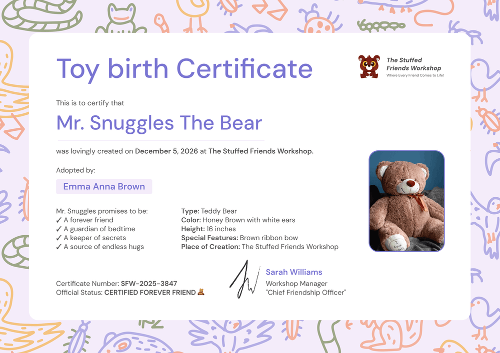 Toy Birth Certificate Template for Stuffed Animal Friends - Landscape Toy Birth Certificate Template for Stuffed Animal Friends - Landscape