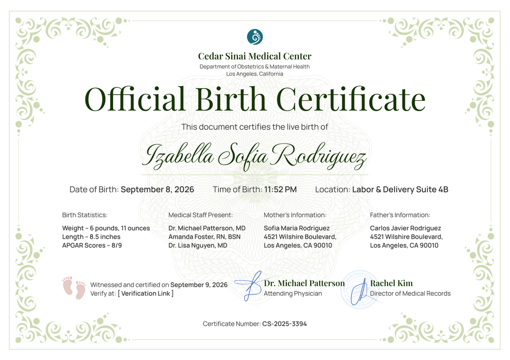 Professional Baby Birth Certificate Template for Hospitals - Landscape Professional Baby Birth Certificate Template for Hospitals - Landscape