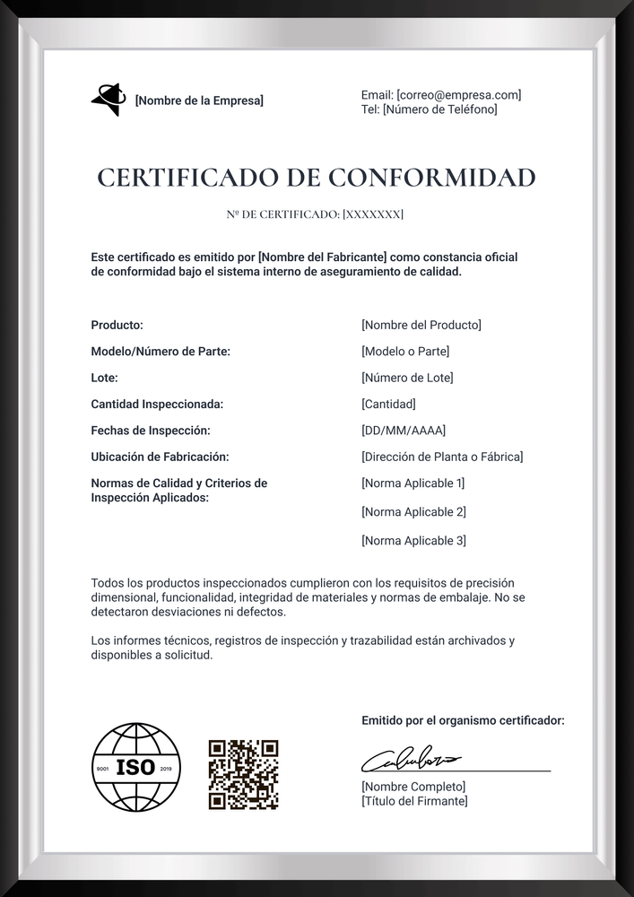Certificado de conformidad enmarcado – Portrait Certificado de conformidad enmarcado – Portrait