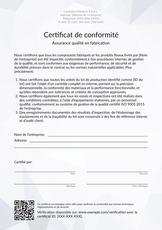 Modèle certificat de conformité professionnel – Portrait Modèle certificat de conformité professionnel – Portrait