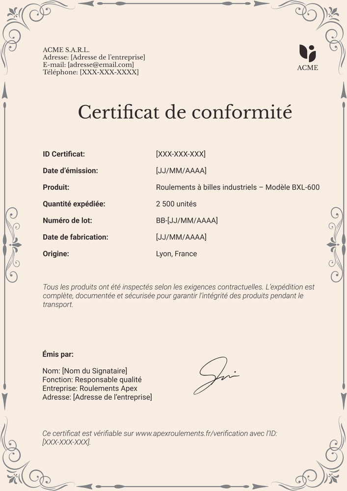 Modèle certificat de conformité – Portrait Modèle certificat de conformité – Portrait