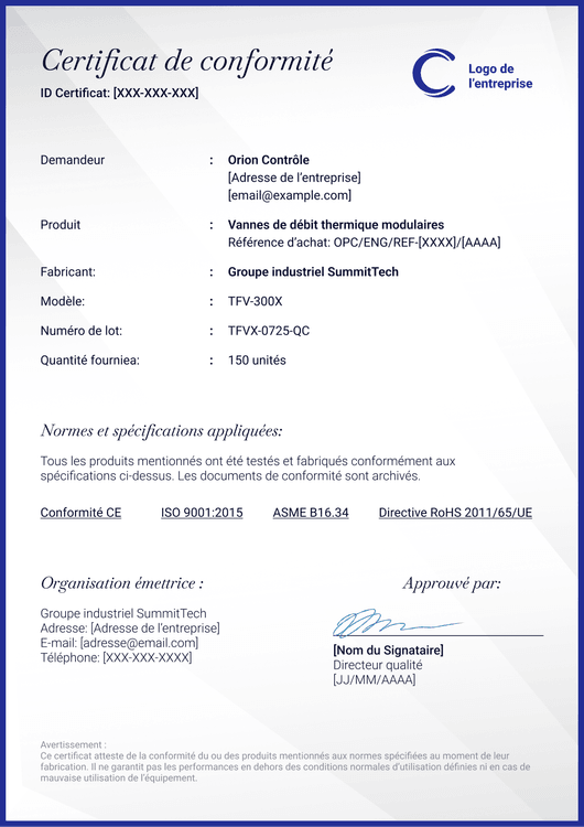 Modèle certificat de conformité – Portrait Modèle certificat de conformité – Portrait