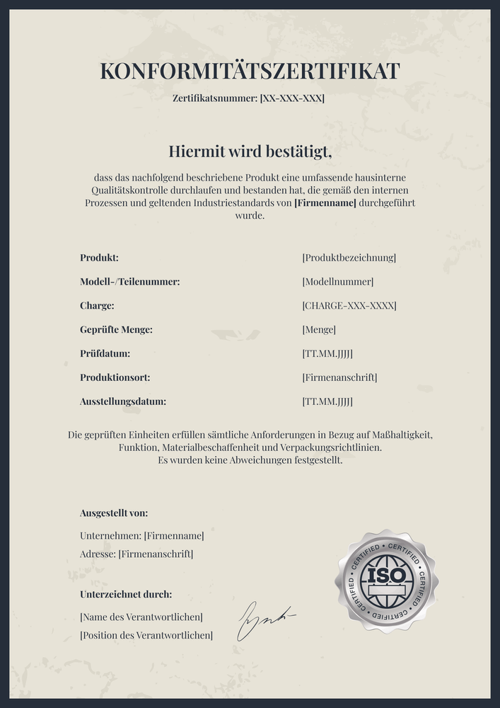 Konformitätszertifikat Vorlage – Hochformat Konformitätszertifikat Vorlage – Hochformat