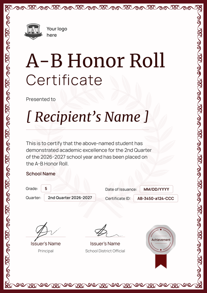Free A-B Honor Roll Certificate Template to Edit - Portrait Free A-B Honor Roll Certificate Template to Edit - Portrait