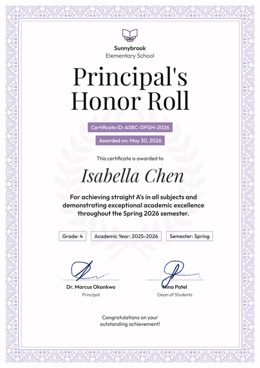 Prestigious Free Principal's Honor Roll Certificate Template - Portrait Prestigious Free Principal's Honor Roll Certificate Template - Portrait